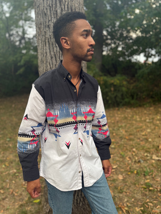 Men's Black Blue White Abstract Western Shirt, Express Rider