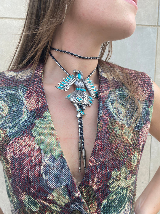 80s Black Silver Bolo Tie, Warrior with Faux Turquoise stones