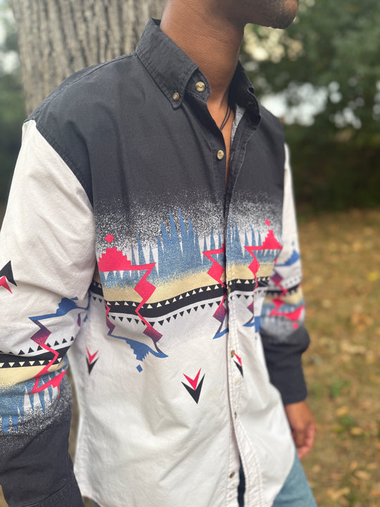 Men's Black Blue White Abstract Western Shirt, Express Rider