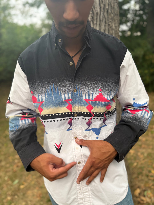 Men's Black Blue White Abstract Western Shirt, Express Rider