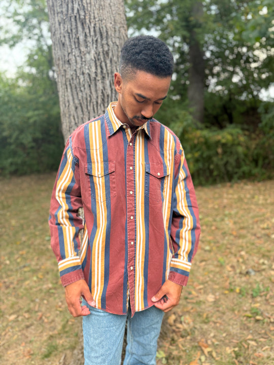 Men's Brown Gold Striped Brushpopper Western Shirt, Wrangler