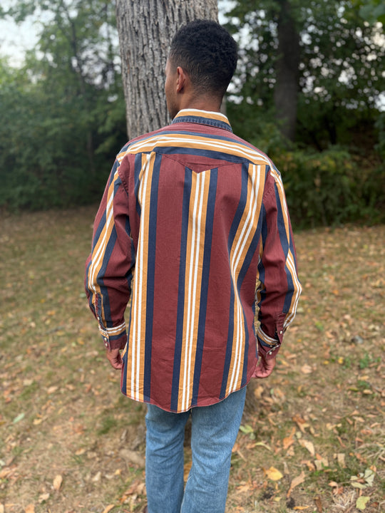Men's Brown Gold Striped Brushpopper Western Shirt, Wrangler