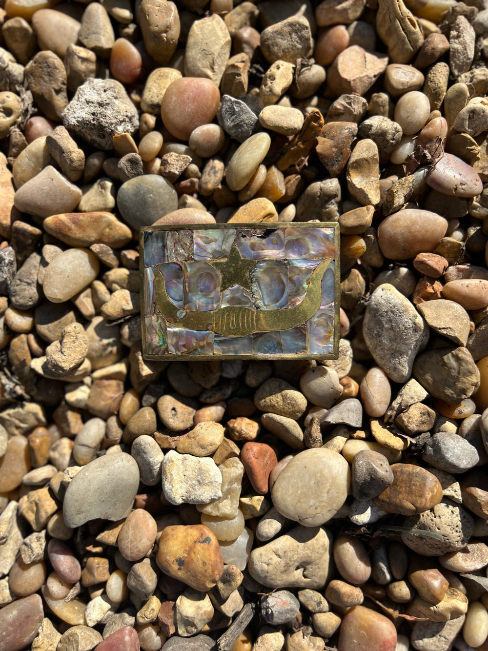 Belt Buckle: Brass, Mother of Pearl, Longhorn and Stars