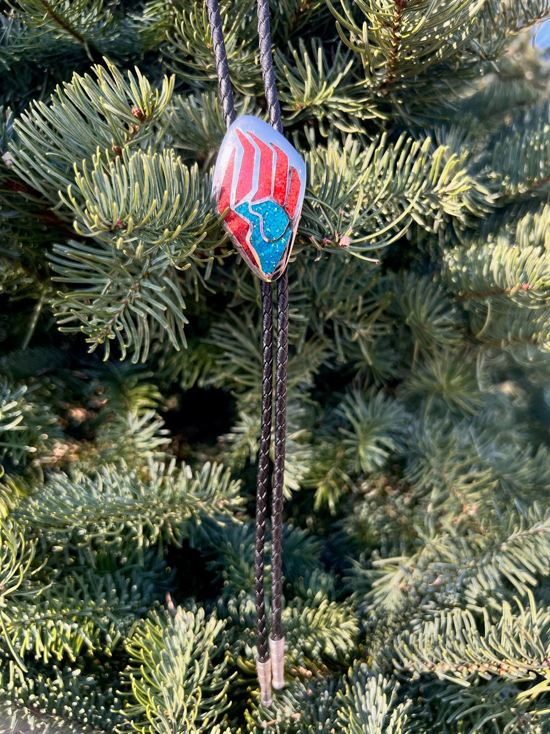 Black Leather Bolo Tie, Crushed Turquoise, Crushed Red Coral, Bear Claw