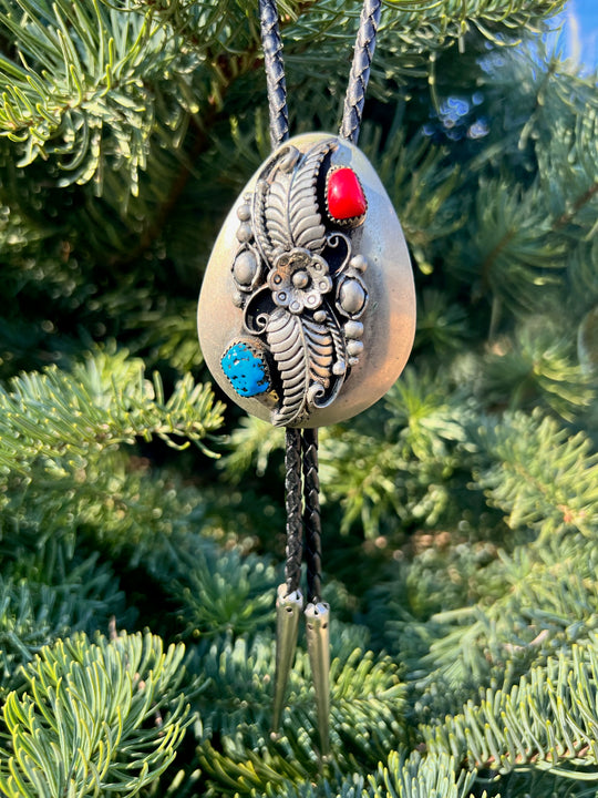 Black Leather Bolo, Sterling Silver Slide with Feathers, Coral and Turquoise