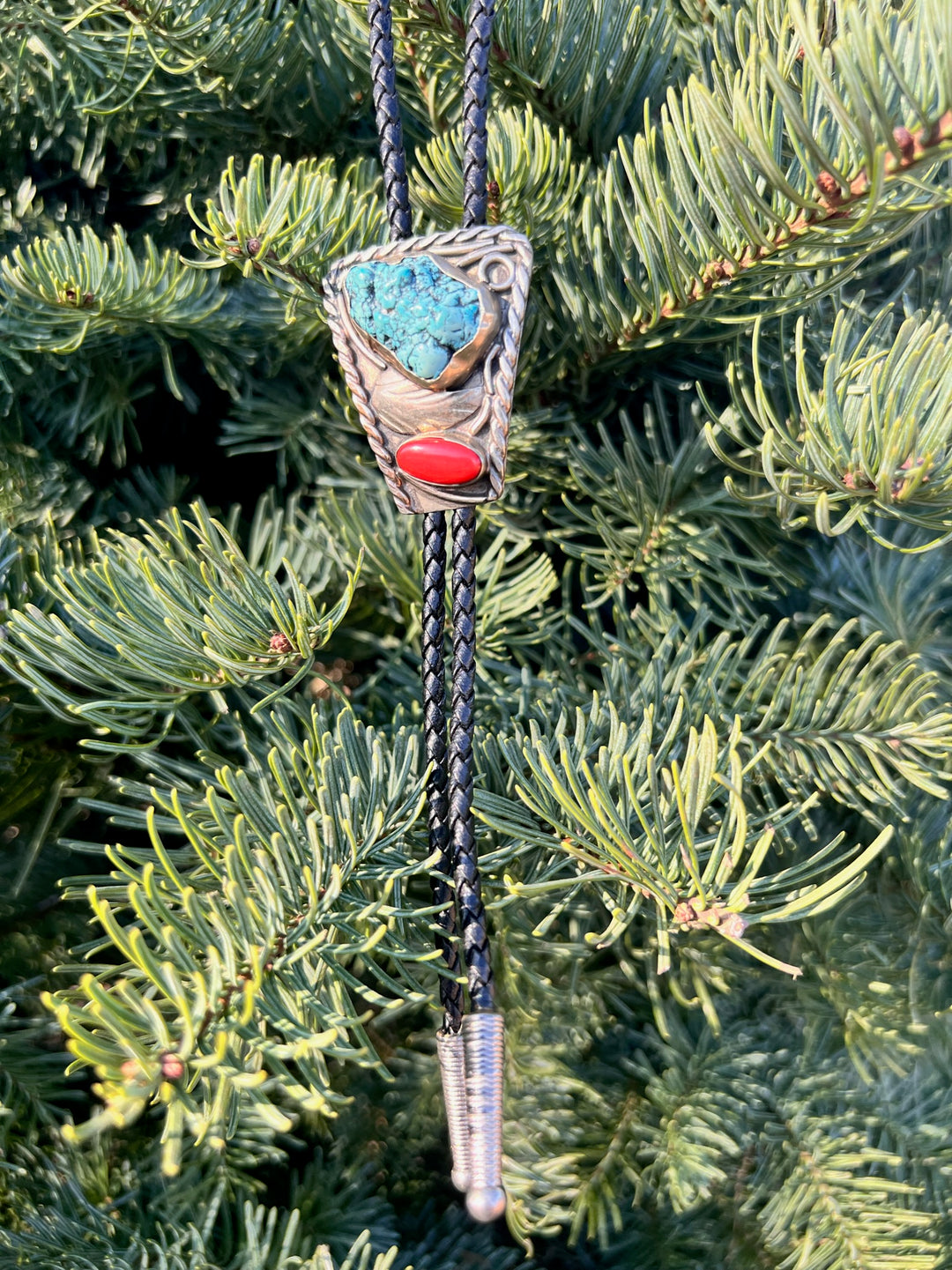 Black Leather Bolo Tie, Turquoise & Red Coral Stone