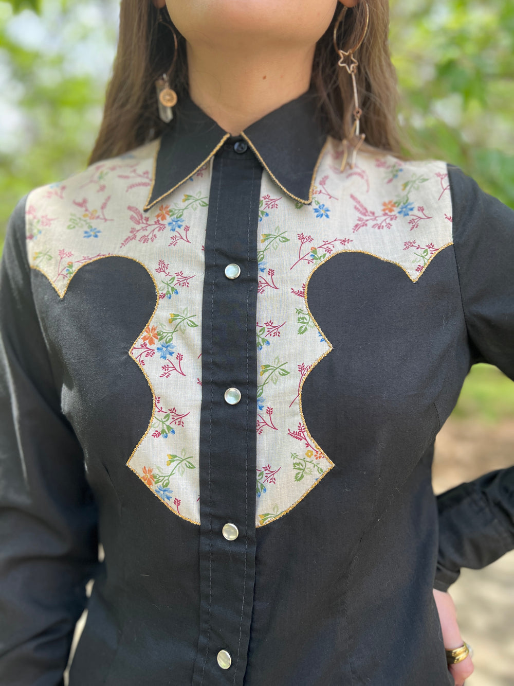 70s Ladies Black Cotton Western Shirt, Floral Yoke, H Bar C