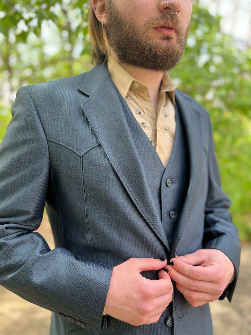 Mens Blue Stripe Embossed 3 piece Western Vintage Suit, H Bar C