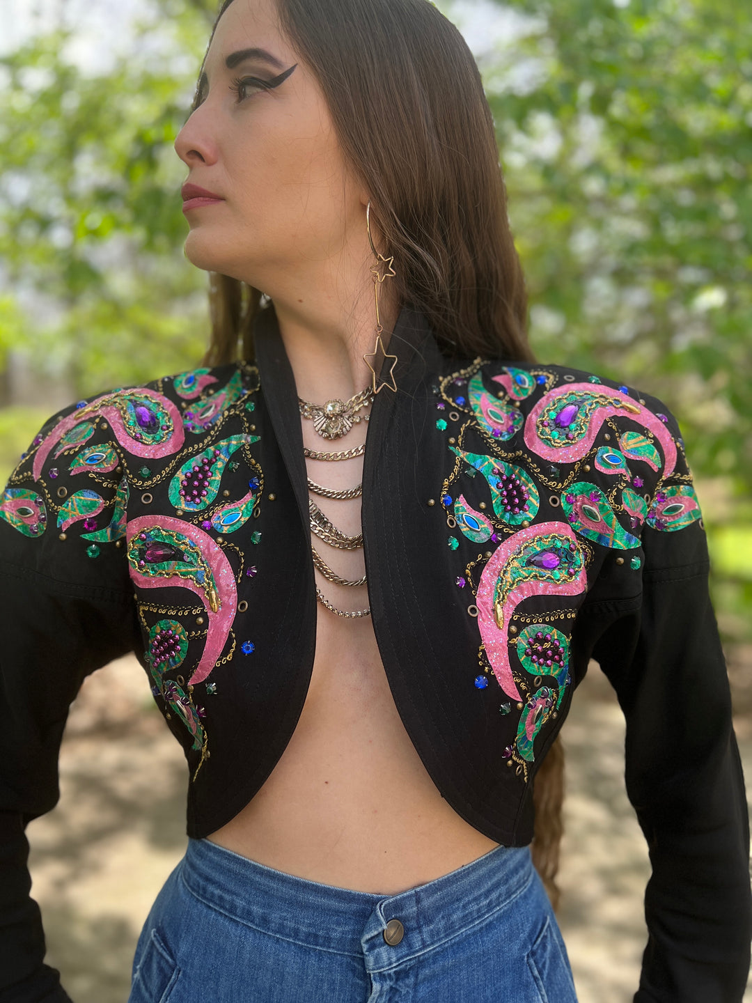 80s Vintage Black Rayon Embellished Cropped Jacket, IIF