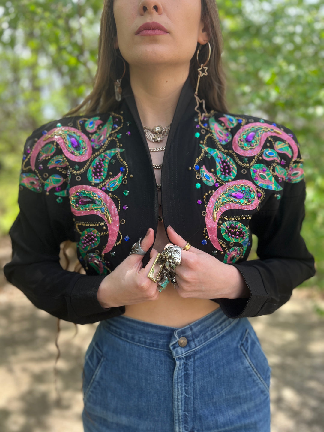 80s Vintage Black Rayon Embellished Cropped Jacket, IIF