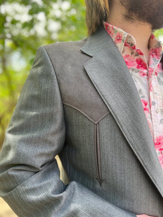 Mens Gray 2 Piece Vintage Western Suit, Ultra Suede Detail, Circle S