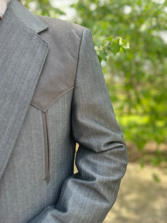 Mens Gray 2 Piece Vintage Western Suit, Ultra Suede Detail, Circle S