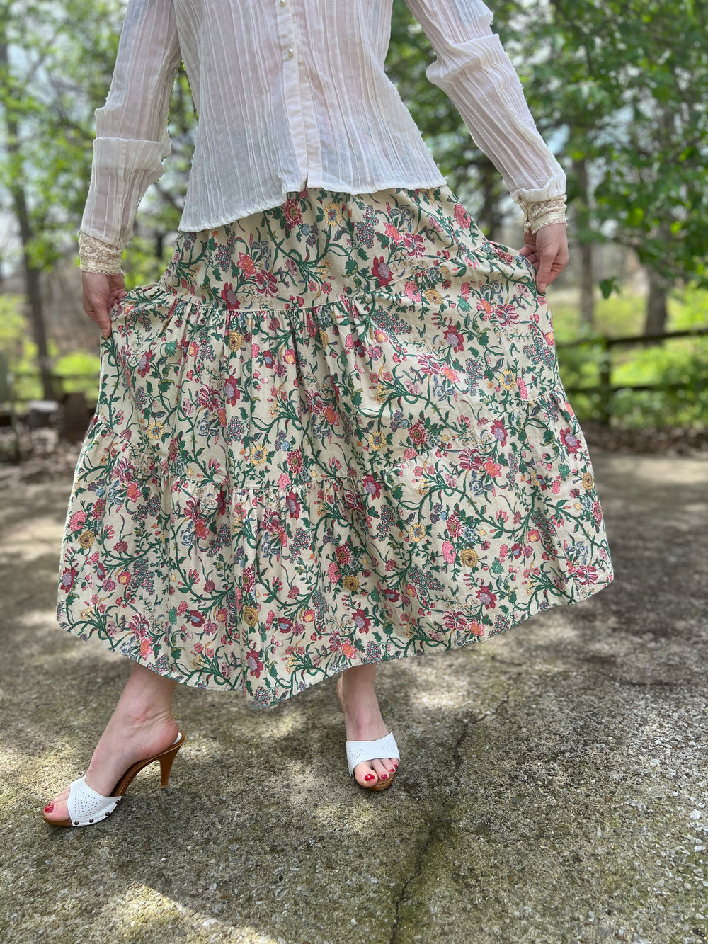 70s Vintage Pink Green Floral Cotton Prairie Skirt