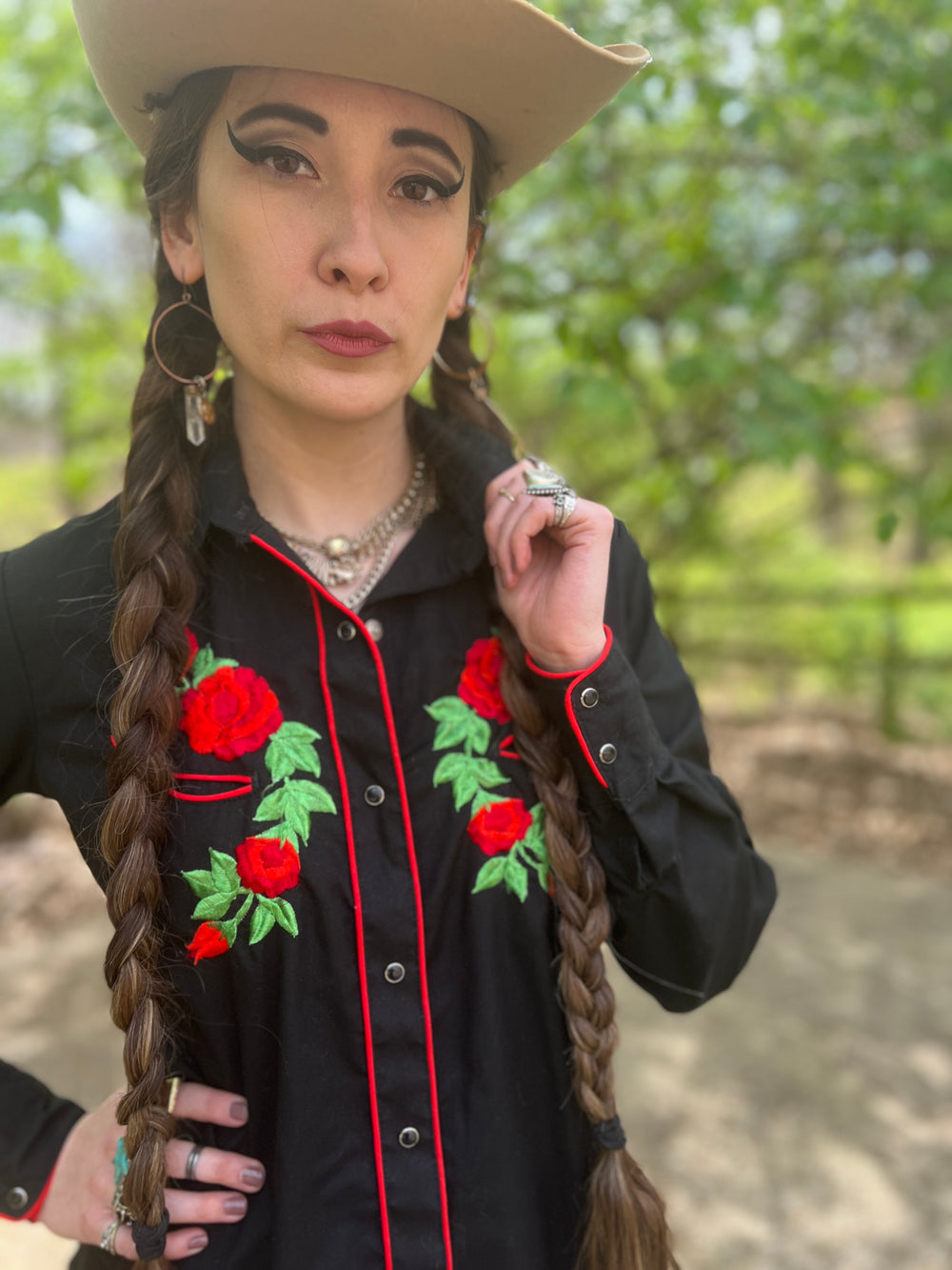 80s Ladies Black Western Shirt, Red Floral Embroidery, Karman