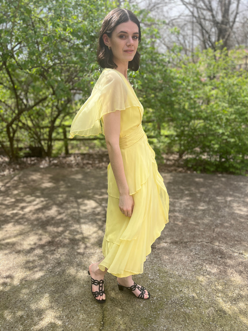 70s Does 30s Yellow Crepe Dress