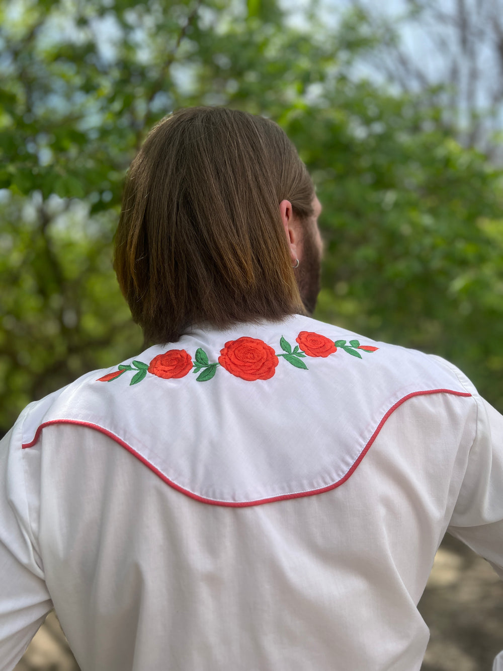Mens White Vintage Western Shirt, Red Floral Embroidery, Ely Cattleman