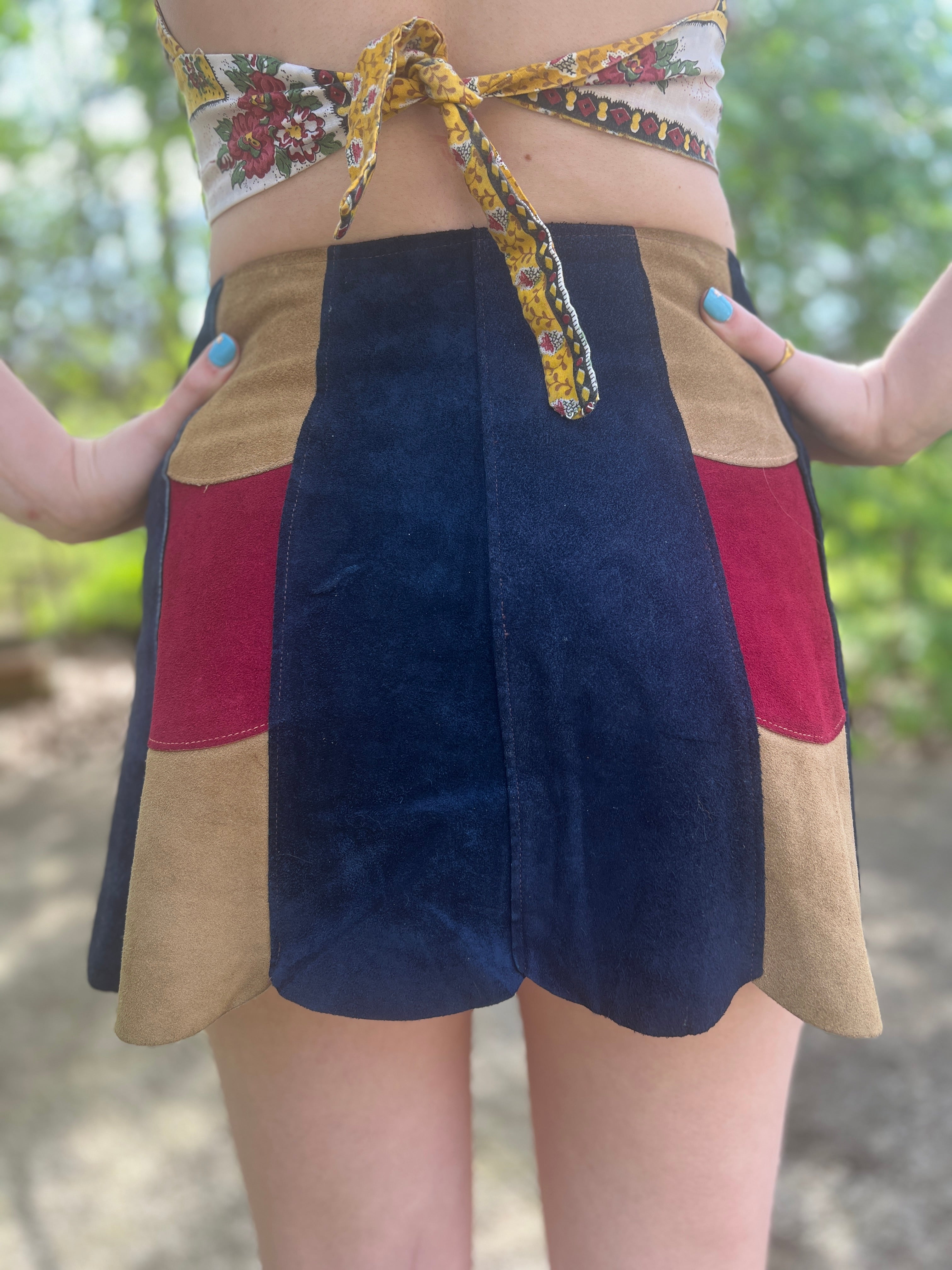 70s Blue Suede Colorblock Mini Skirt