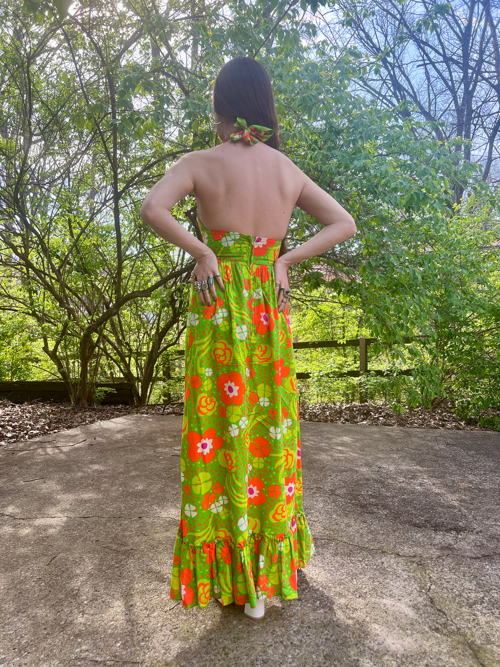 70s Green Orange Floral Halter Maxi Dress, Beach Party