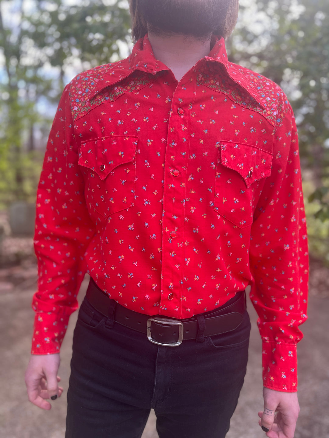 Mens 70s Red Floral Vintage Western Shirt