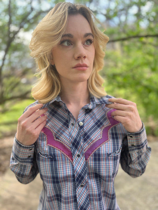 80s Ladies Blue Plaid Vintage Western Shirt, Tem Tex