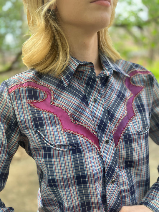 80s Ladies Blue Plaid Vintage Western Shirt, Tem Tex