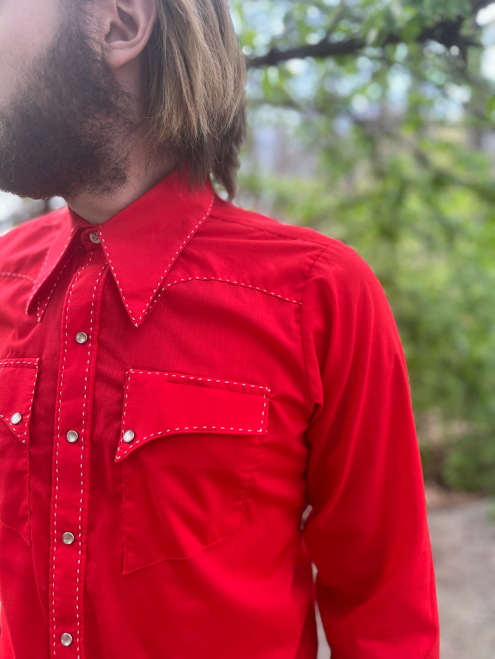Men's Red Vintage Western Shirt with White Stitch Detail, Rockmount
