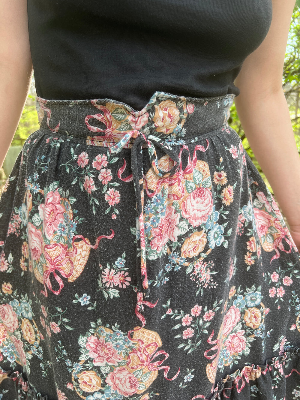 70s Black Pink Floral Cotton Prairie Skirt, Casualaire