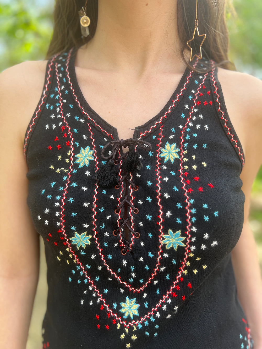 70s Vintage Black Embroidered Cotton Knit Tank Top