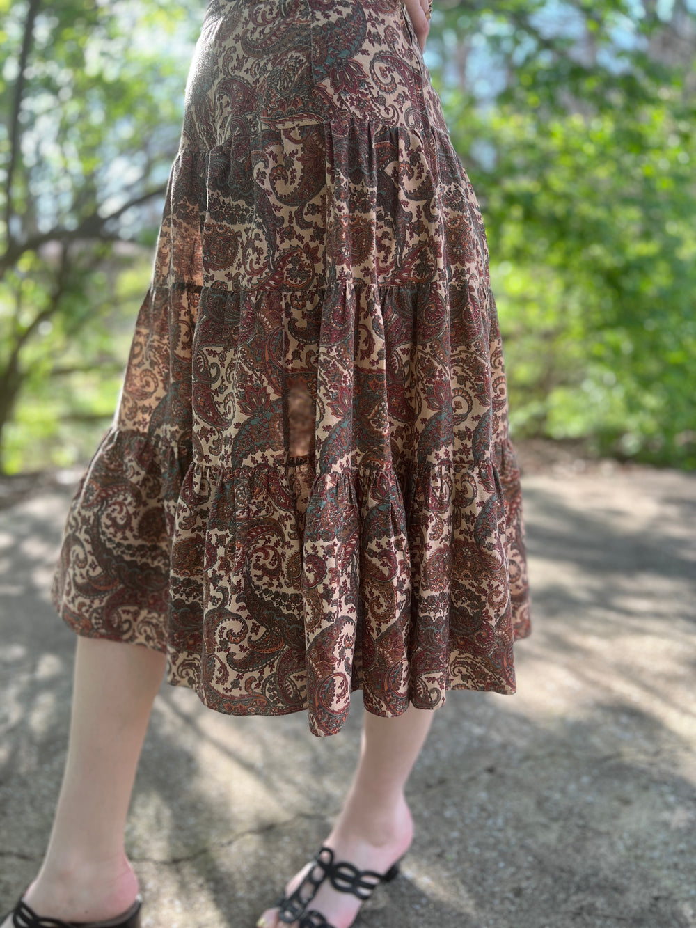 70s Vintage Tan Brown Paisley Cotton Prairie Skirt