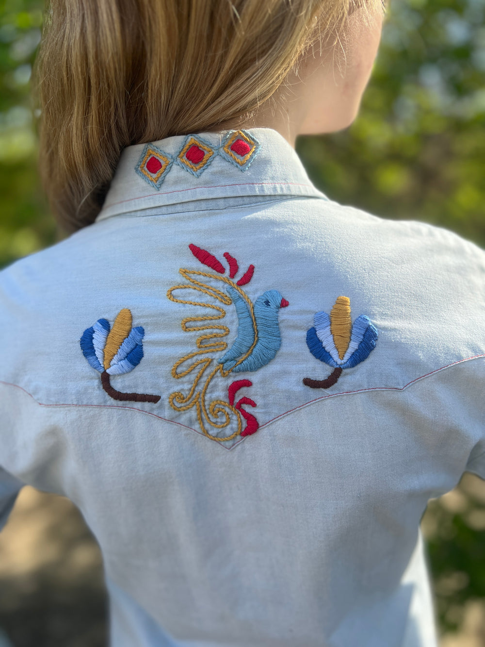 70s Light Blue Chambray Cotton Embroidered Vintage Shirt, Miller