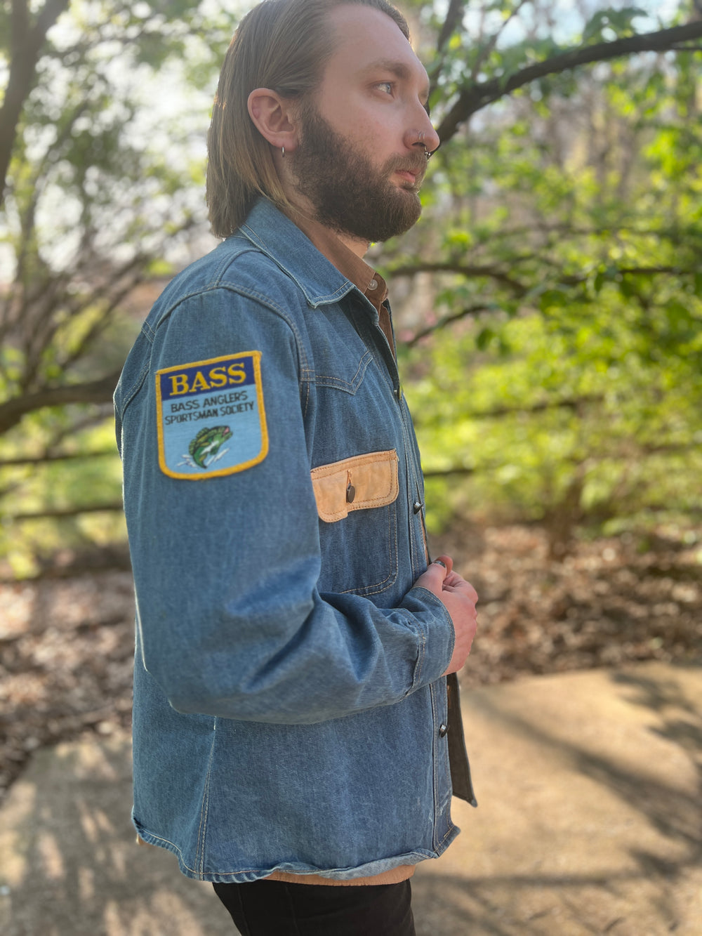 Mens 70s Denim Jacket, Bass Anglers Sportsmans Society Patch