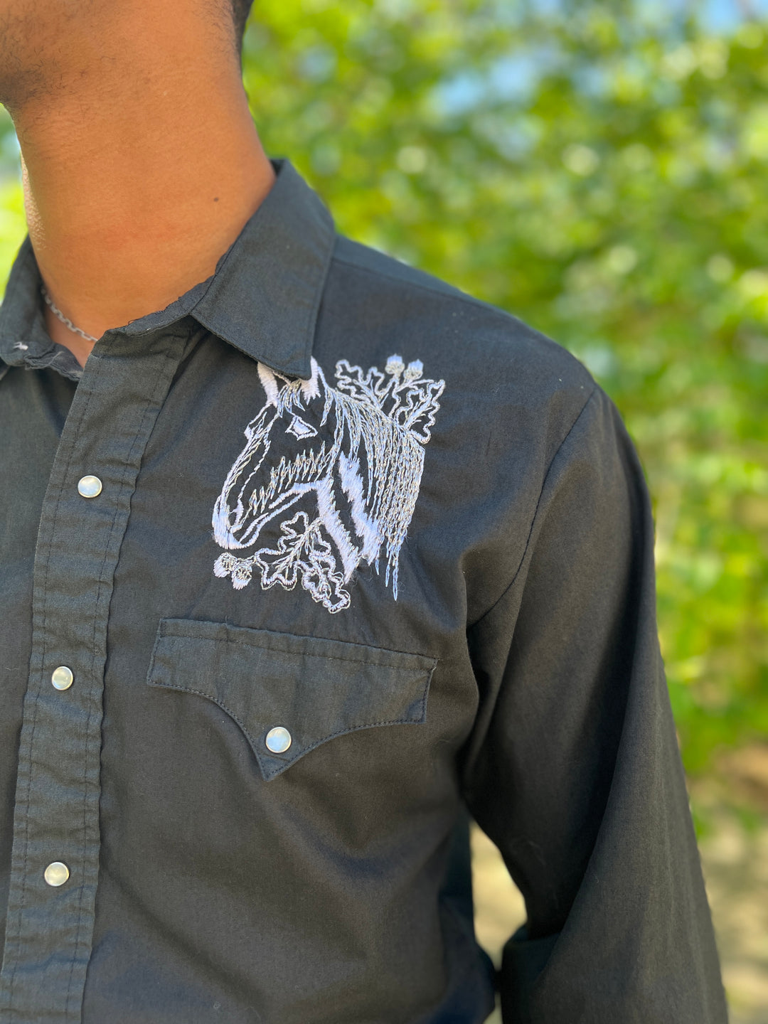 Mens Black Long Sleeved Vintage Western Shirt, Horse Embroidery
