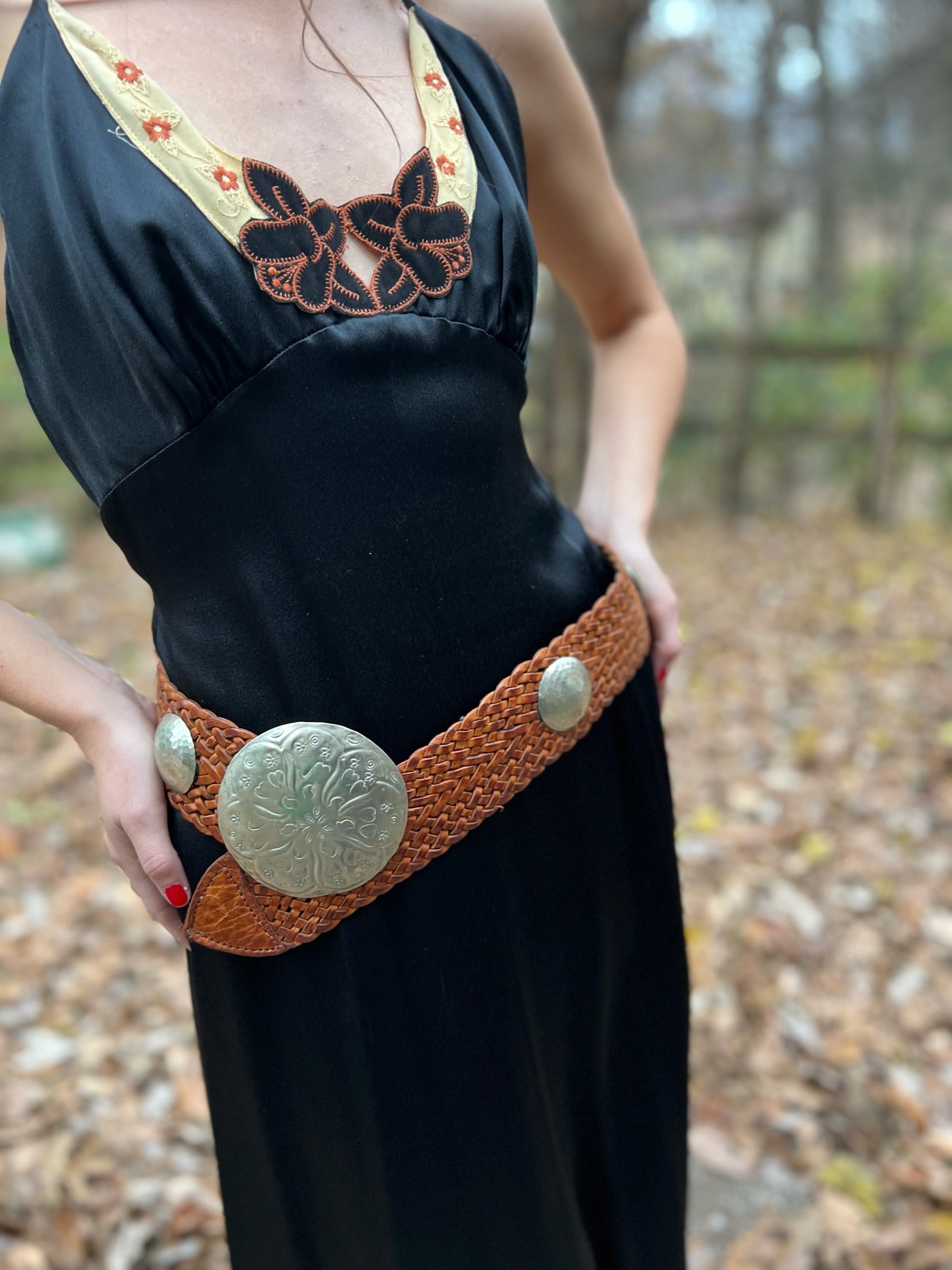 Vintage Brown Leather Wide Woven Belt, Ornate Disc Buckle