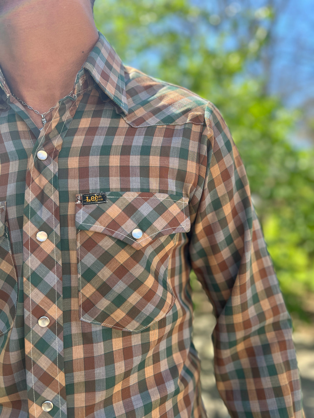 Mens 70s Brown Green Gingham Long Sleeve Western Shirt, Lee Mens 70s Brown Green Gingham Long Sleeve Western Shirt, Lee