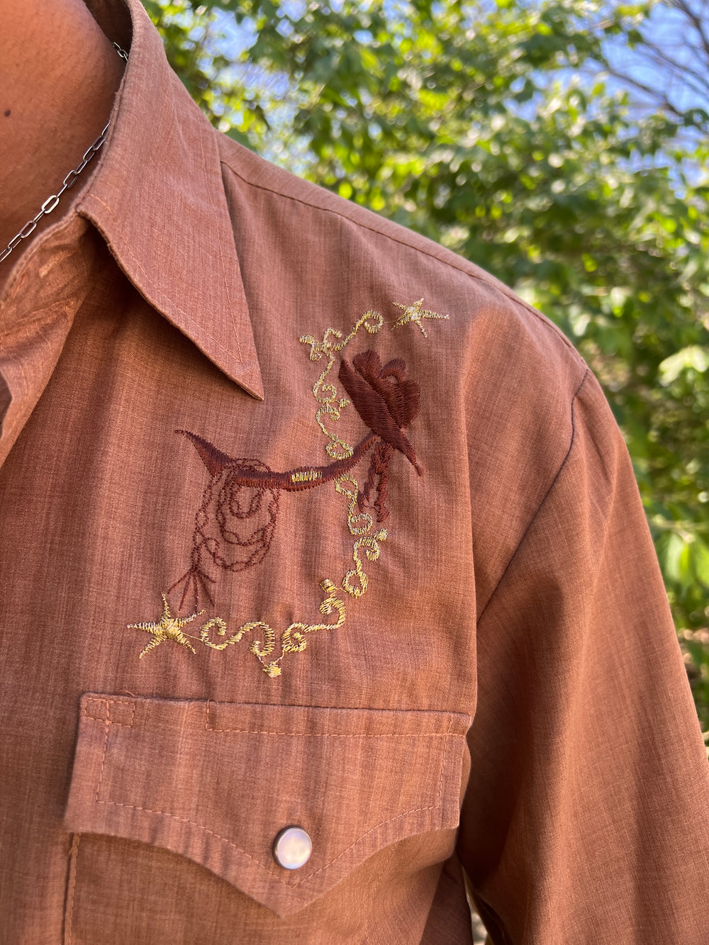 Mens 70s Brown Embroidered Vintage Western Shirt, Border Town