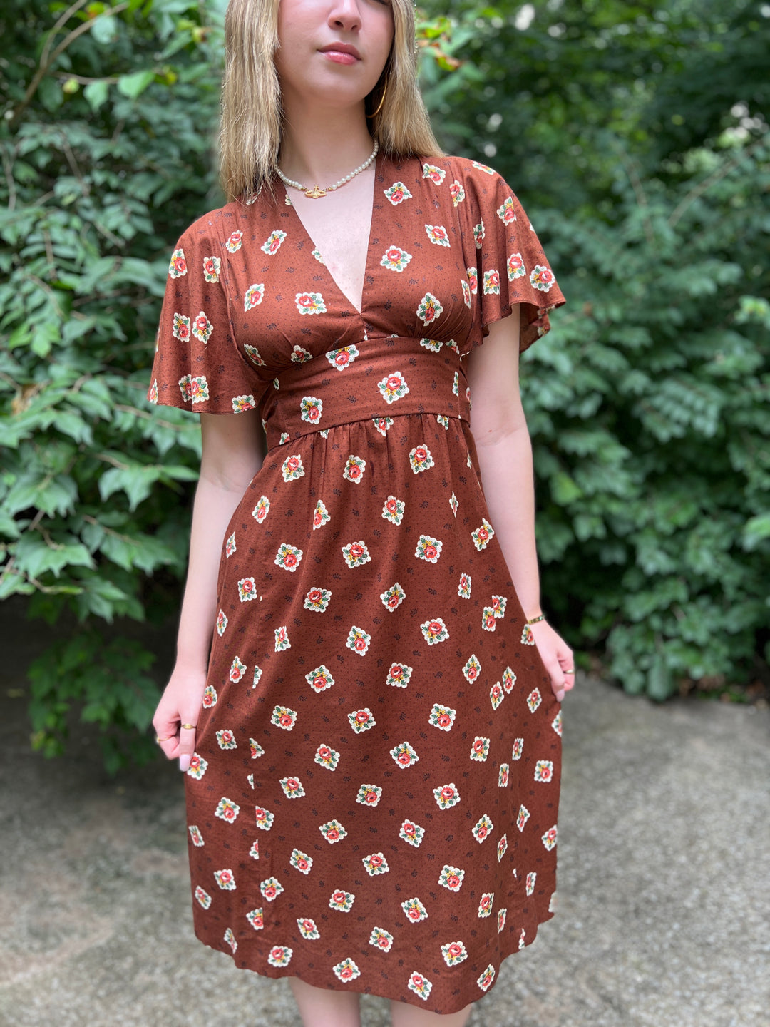 Ladies 70s Brown Floral and Stamp Print Dress, Young Innocent