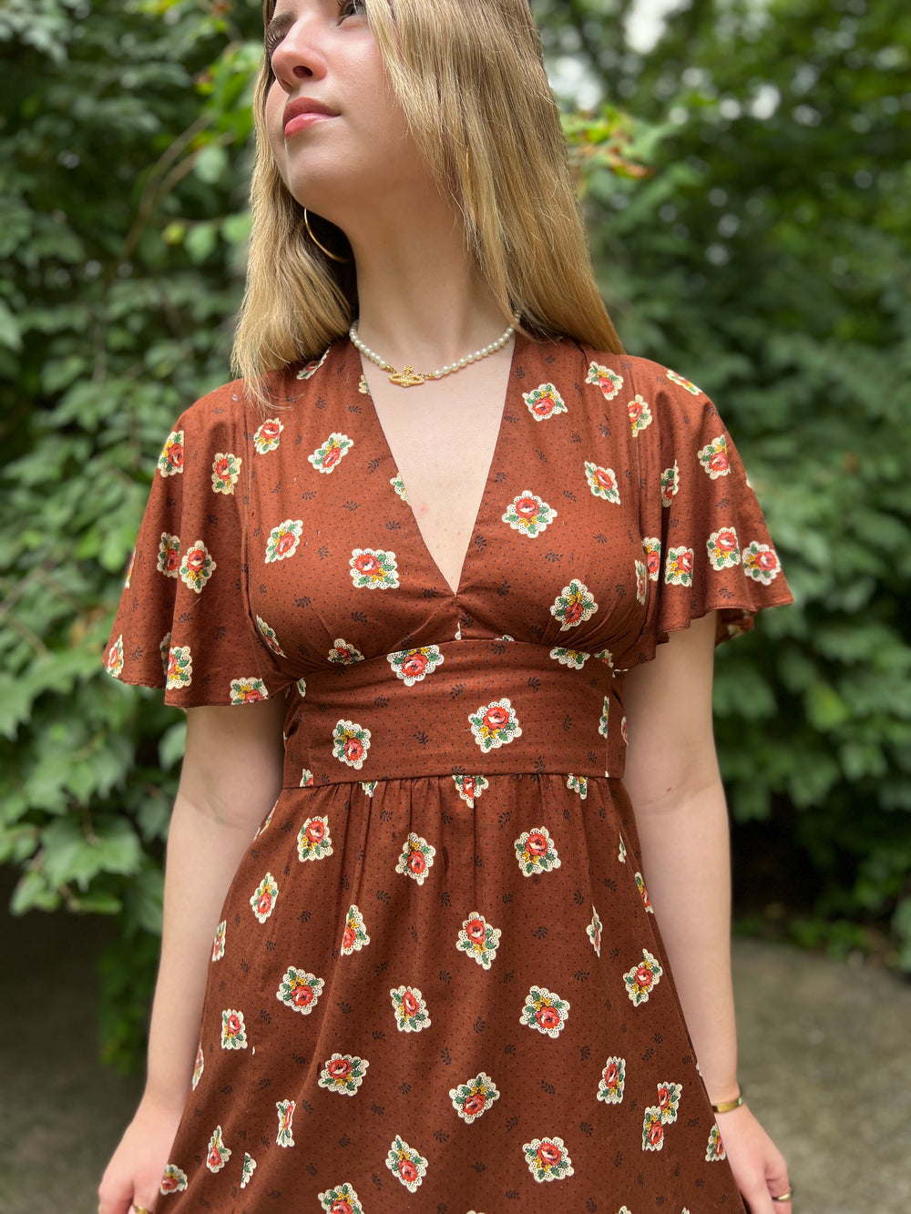 Ladies 70s Brown Floral and Stamp Print Dress, Young Innocent