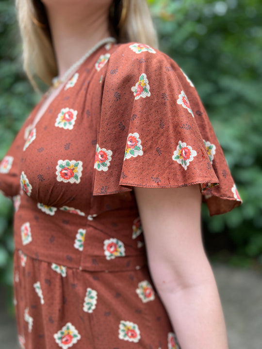 Ladies 70s Brown Floral and Stamp Print Dress, Young Innocent