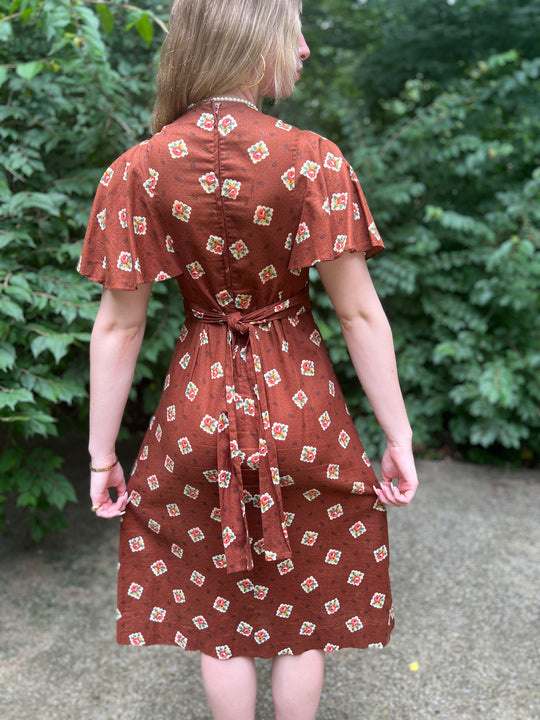 Ladies 70s Brown Floral and Stamp Print Dress, Young Innocent