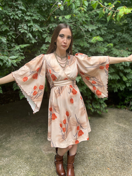 70s Brown Floral Nylon Dress, Angel Wing Sleeves