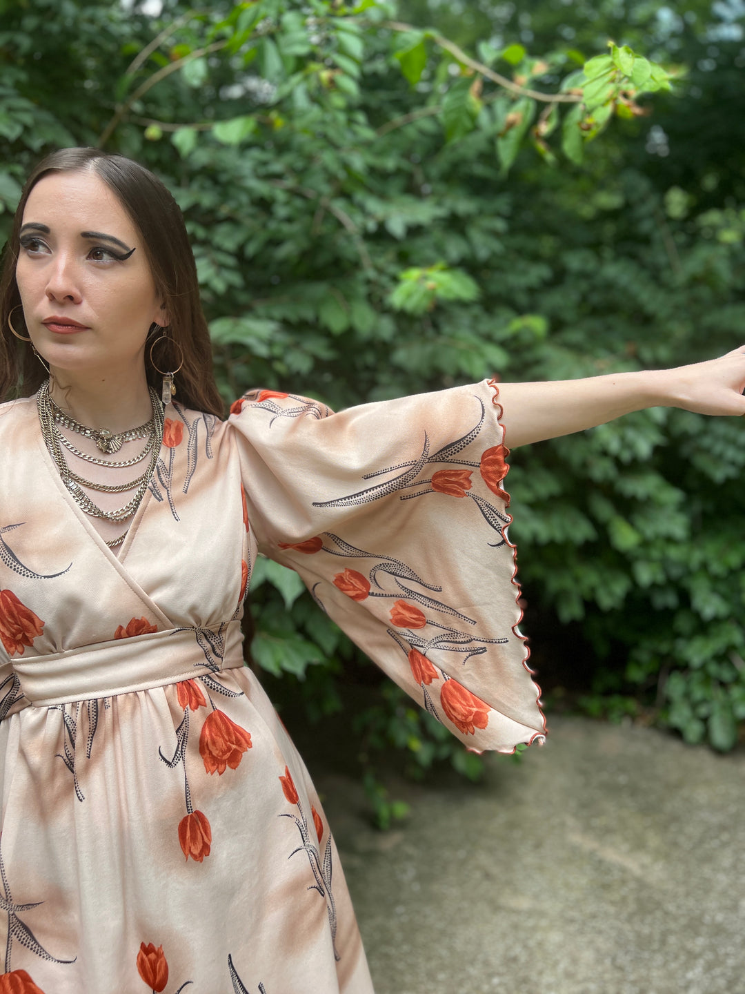 70s Brown Floral Nylon Dress, Angel Wing Sleeves