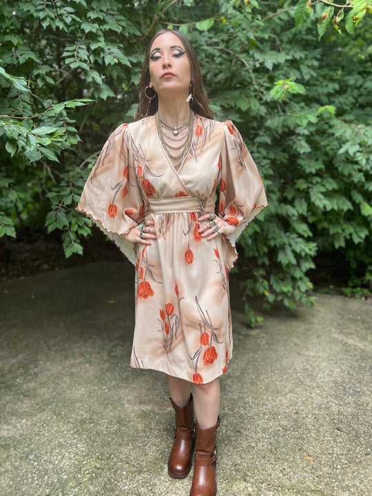 70s Brown Floral Nylon Dress, Angel Wing Sleeves