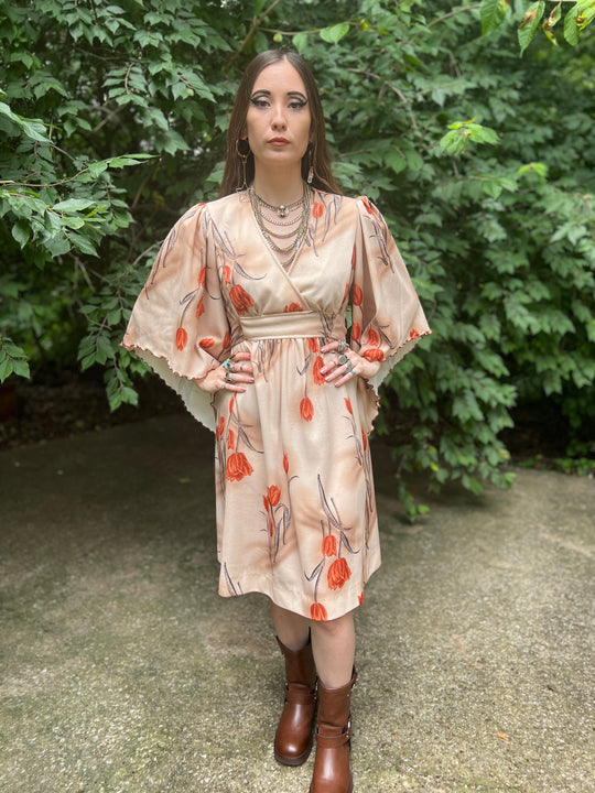 70s Brown Floral Nylon Dress, Angel Wing Sleeves