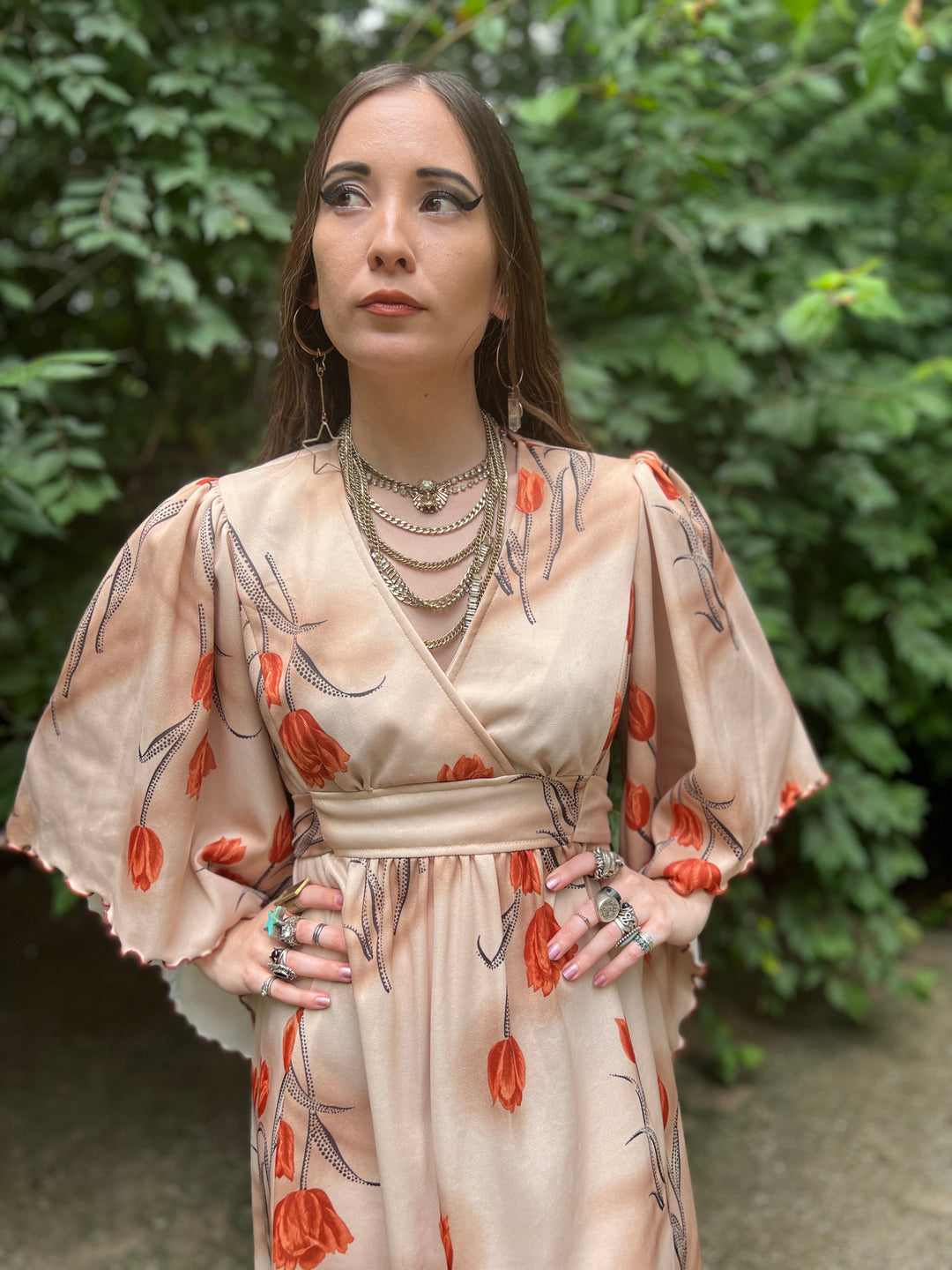 70s Brown Floral Nylon Dress, Angel Wing Sleeves