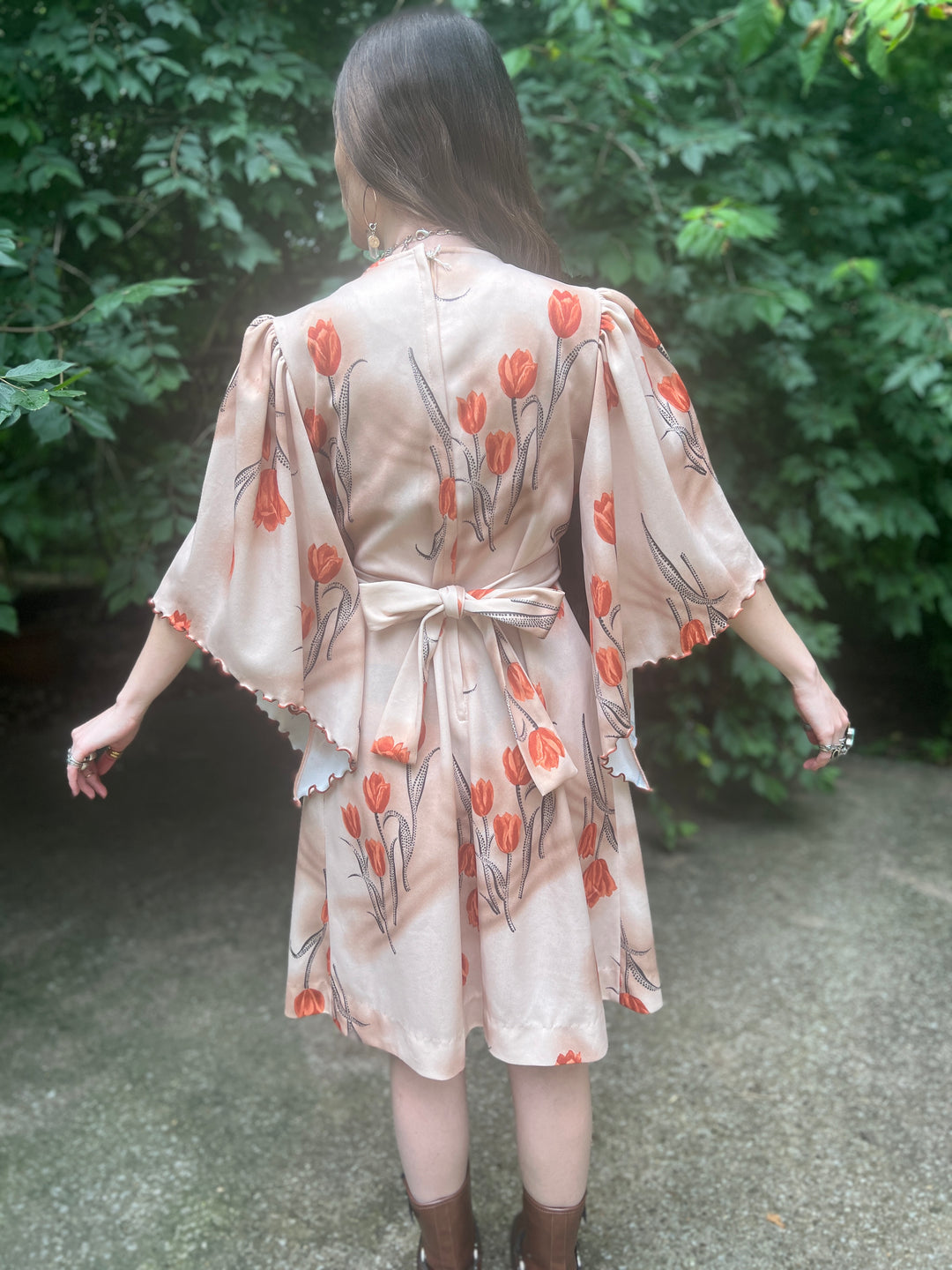 70s Brown Floral Nylon Dress, Angel Wing Sleeves