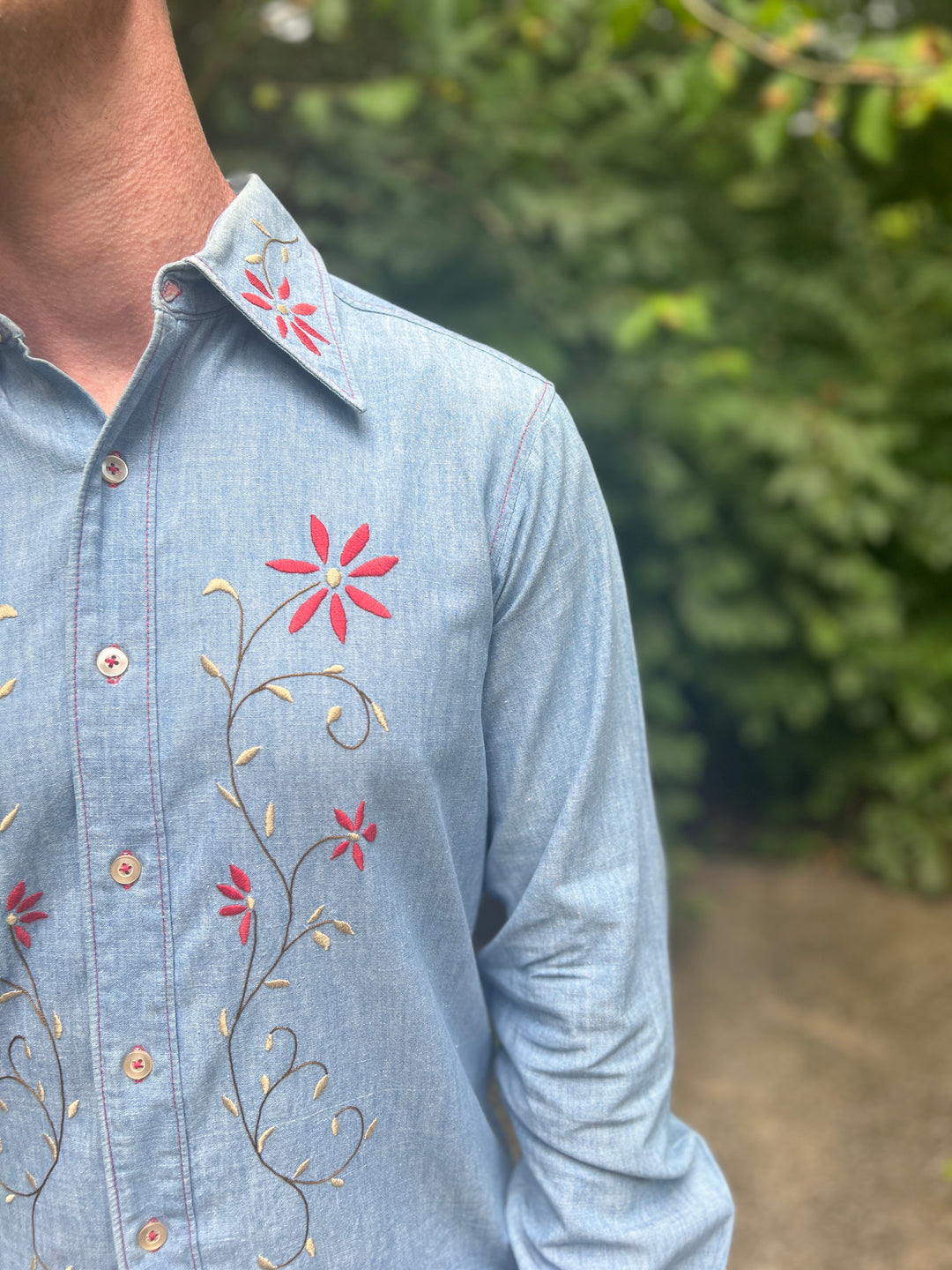 Men's 70s Chambray Shirt, Red Floral Embroidery