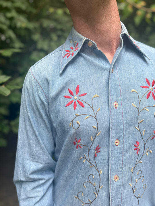 Men's 70s Chambray Shirt, Red Floral Embroidery