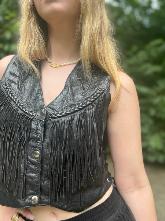 80s Black Leather Biker Vest, Fringe and Roses, Unik