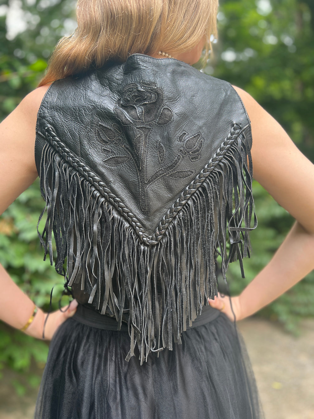 80s Black Leather Biker Vest, Fringe and Roses, Unik