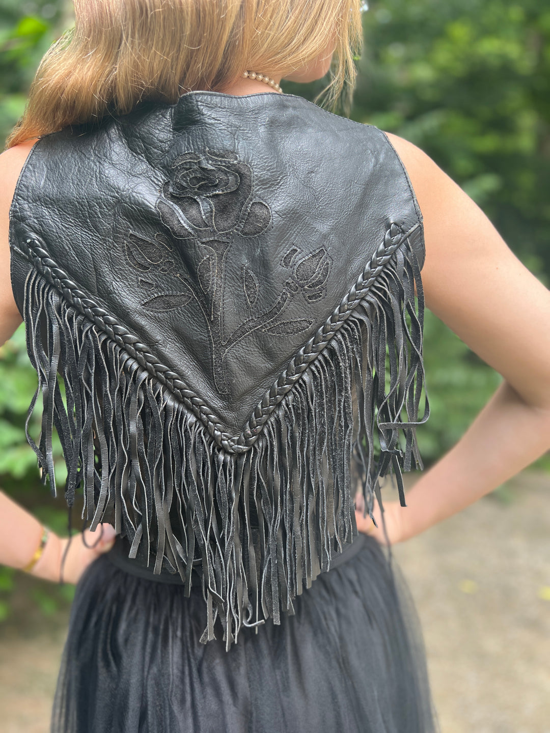 80s Black Leather Biker Vest, Fringe and Roses, Unik